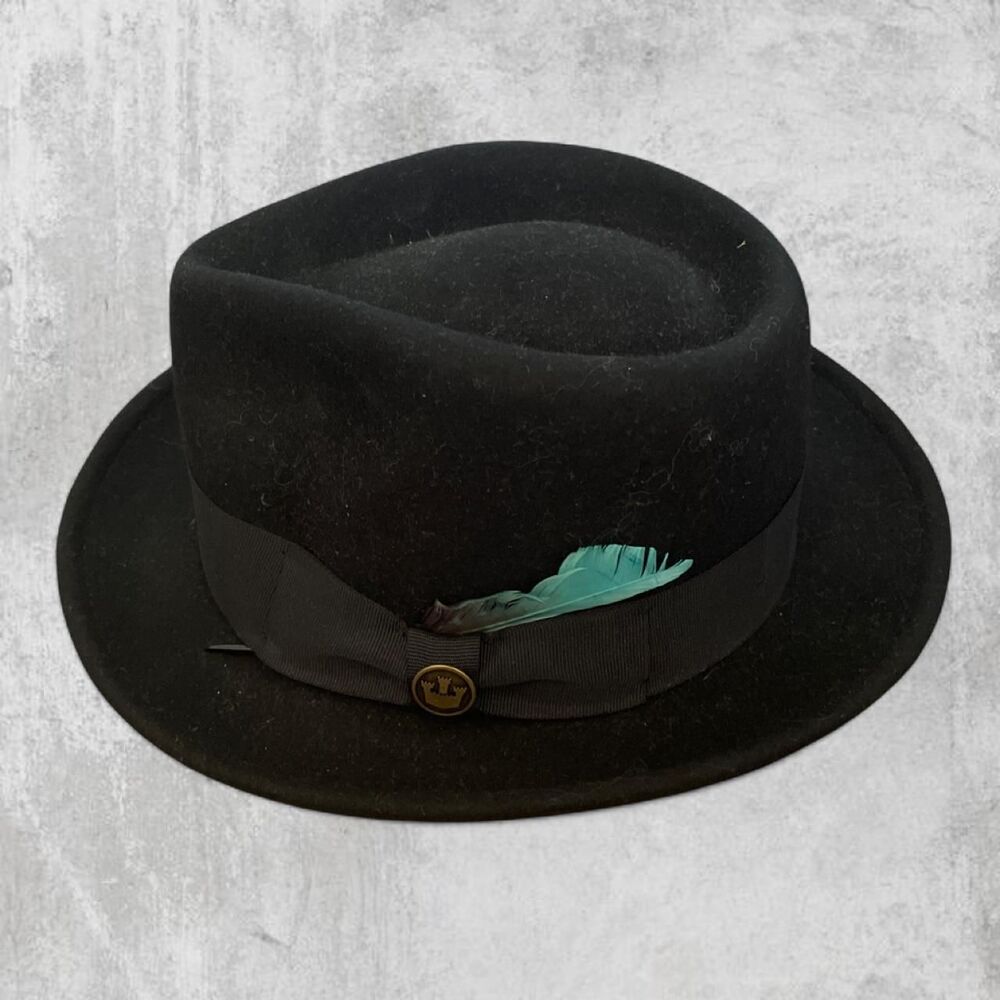 Goorin Bros 100% Wool Felt Fedora Hat Medium Black Turquoise Feather